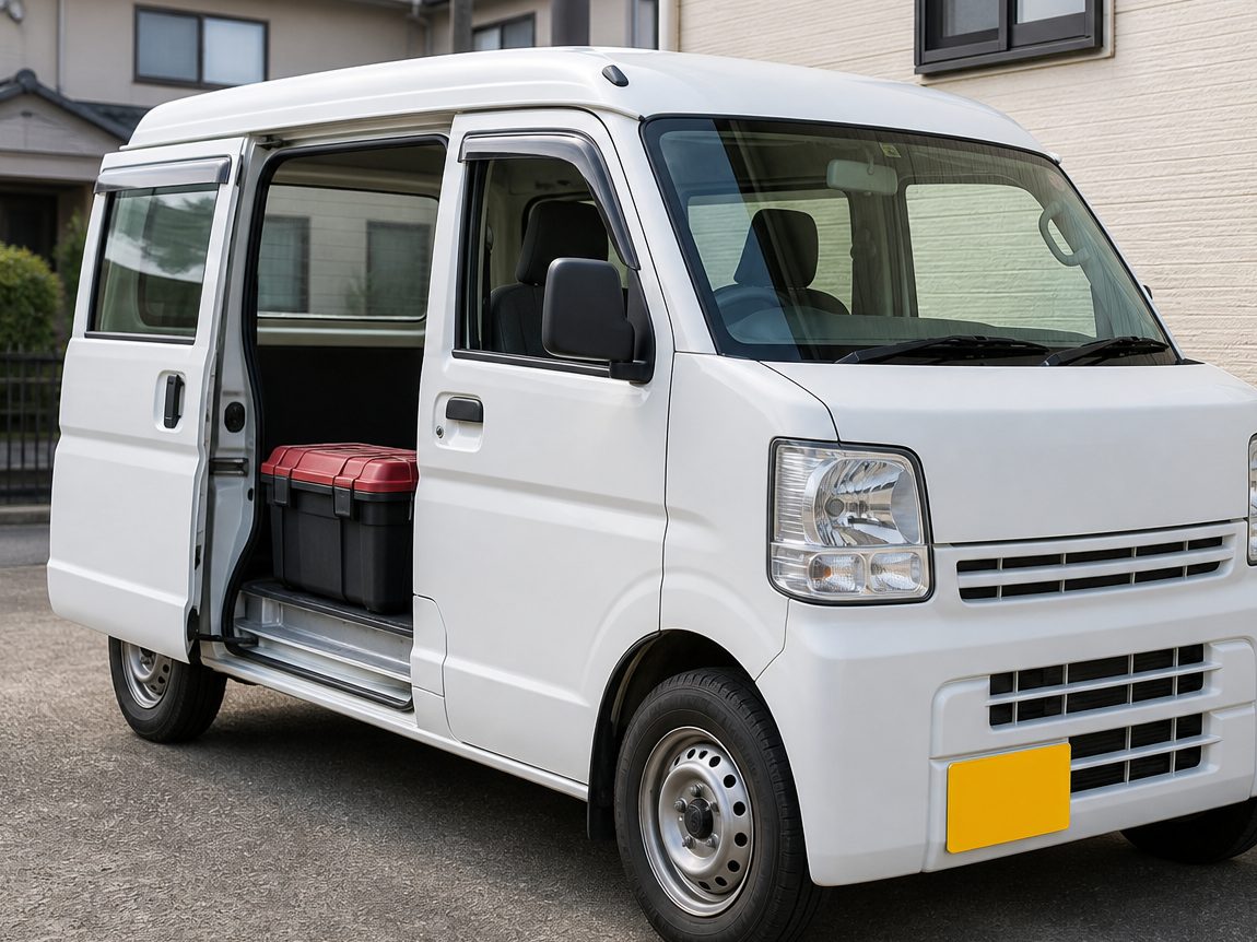 住宅の駐車場に停めた、工具箱を積んだ白い作業車（イメージ）