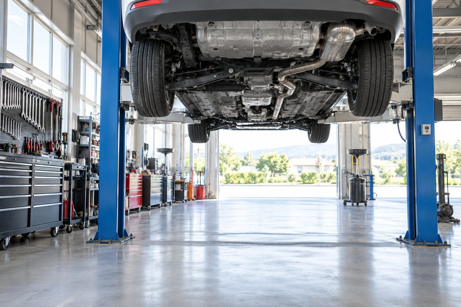 リフトに上がった車と工具が並ぶ整備工場（イメージ）